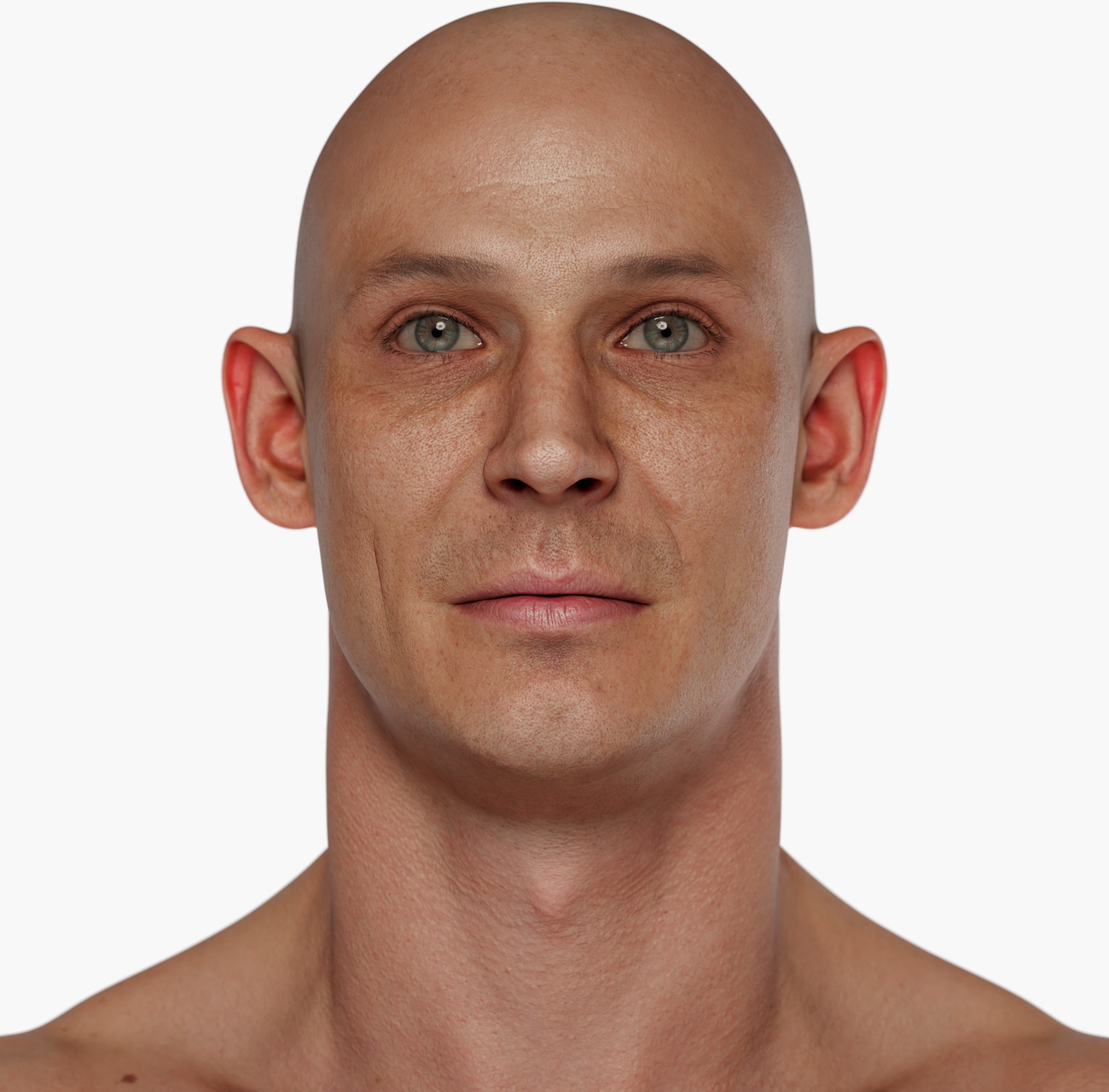 High-resolution head model render of a lean clean-shaven male 3D scan showing facial surface detail and geometry